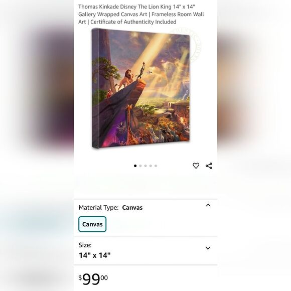 Thomas Kinkade Disney The Lion King 14" x 14" Gallery Wrapped Canvas Art - Picture 16 of 16